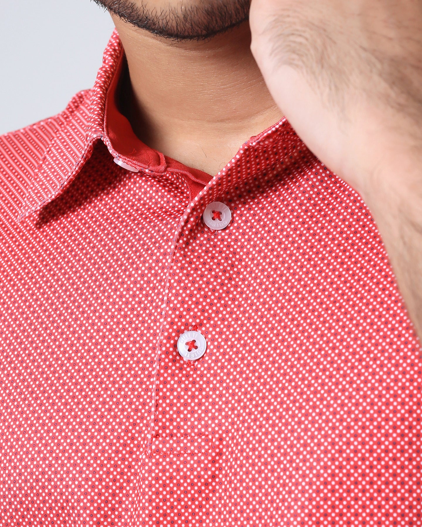 Quieti Performance Regular Fit, Red Geo Printed Knit, 3 button Short Sleeve Polo